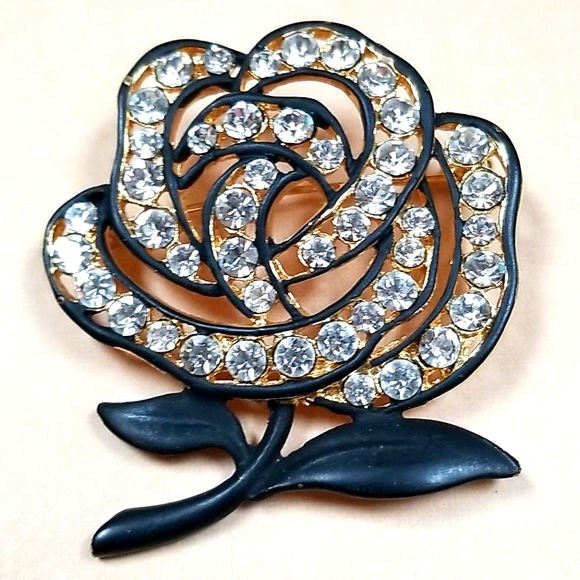 Vintage Black Enamel Rose Rhinestone Gold Tone Brooch - Picture 4 of 12